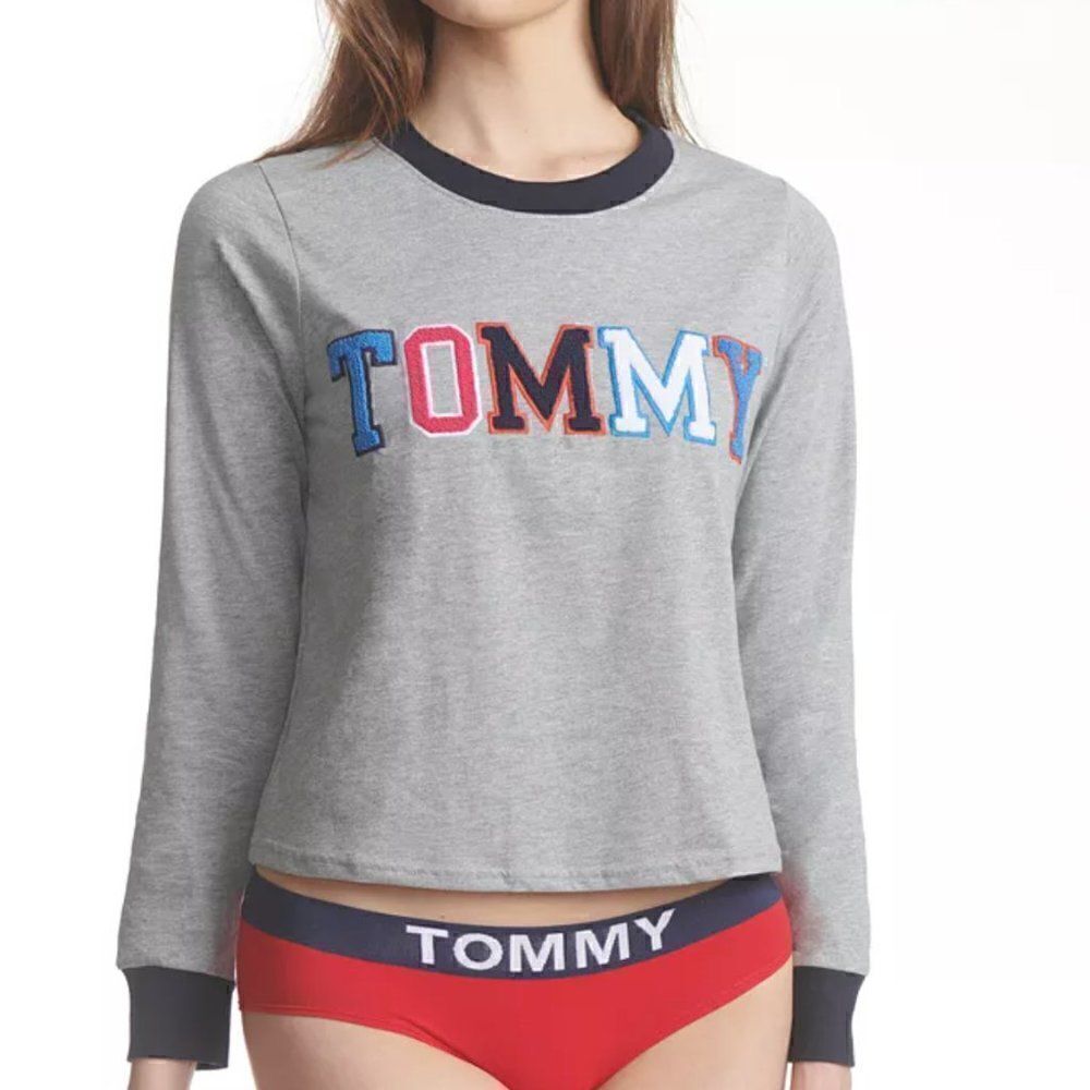 TOMMY HILFIGER Cropped Pajama Shirt Embroidered logo appliqués vasity style Y2K